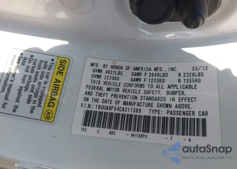 2012 Acura Tl 3.7 z USA, uszkodzony, nr VIN 19UUA9F54CA011069